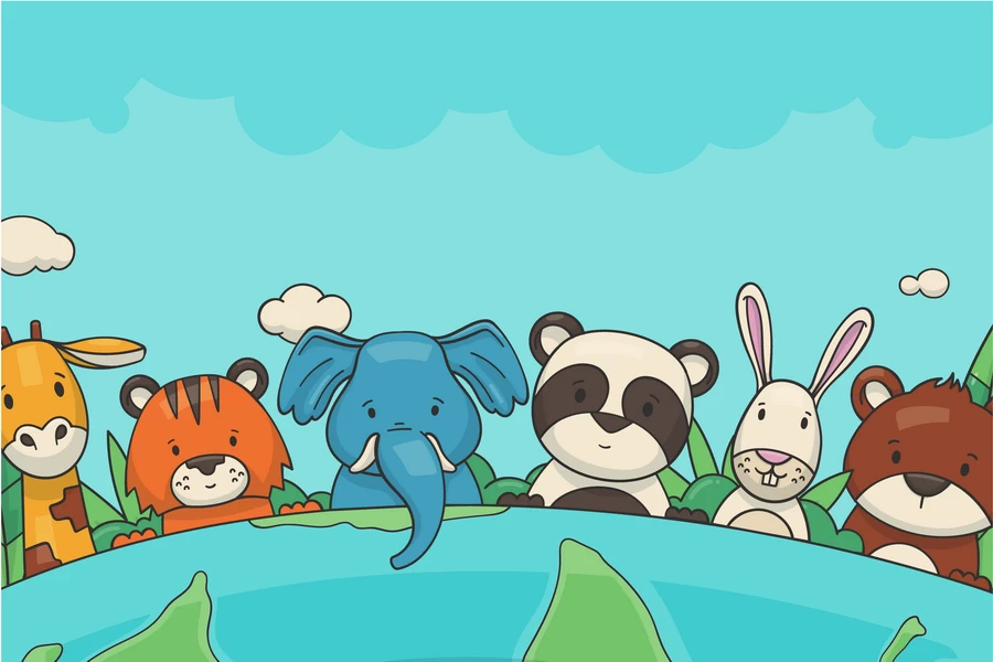 卡通森林动物狮子老虎猴子长颈鹿海豚鸟兔子牛斑马插画海报AI素材【089】